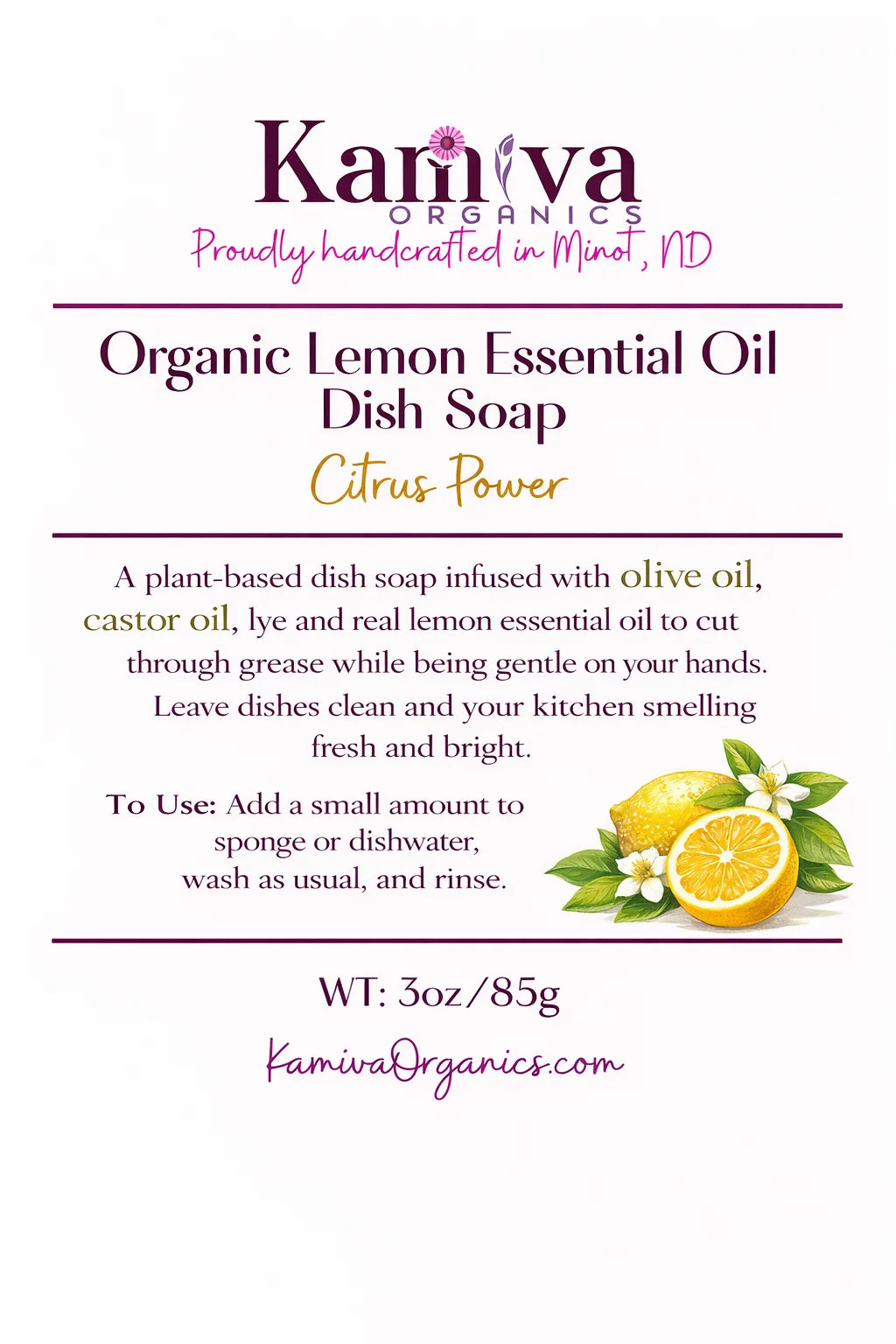 Organic Lemon Essential Oil Dish Soap - Citrus Power - Kamiva Organics