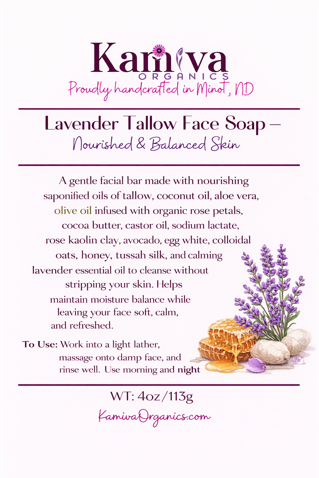 Lavender Tallow Facial Soap - Skin Balancing - Kamiva Organics