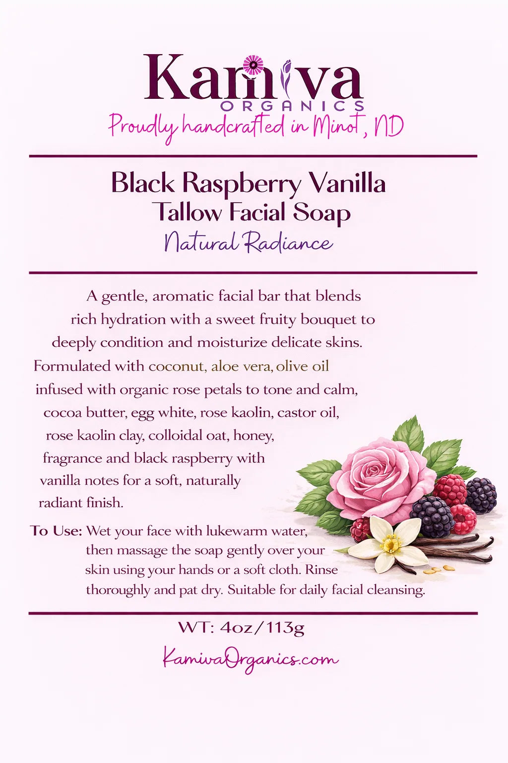 Black Raspberry Vanilla Tallow Facial Soap - Natural Radiance | Kamiva Organics