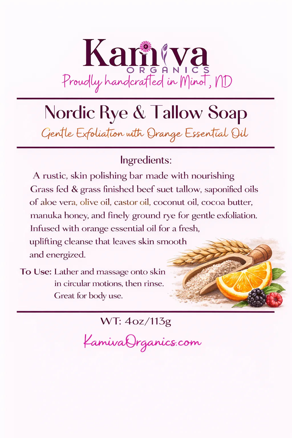 Nordic Rye and Tallow Soap - Gentle Exfoliation with Orange Essential Oil | Kamiva Organics