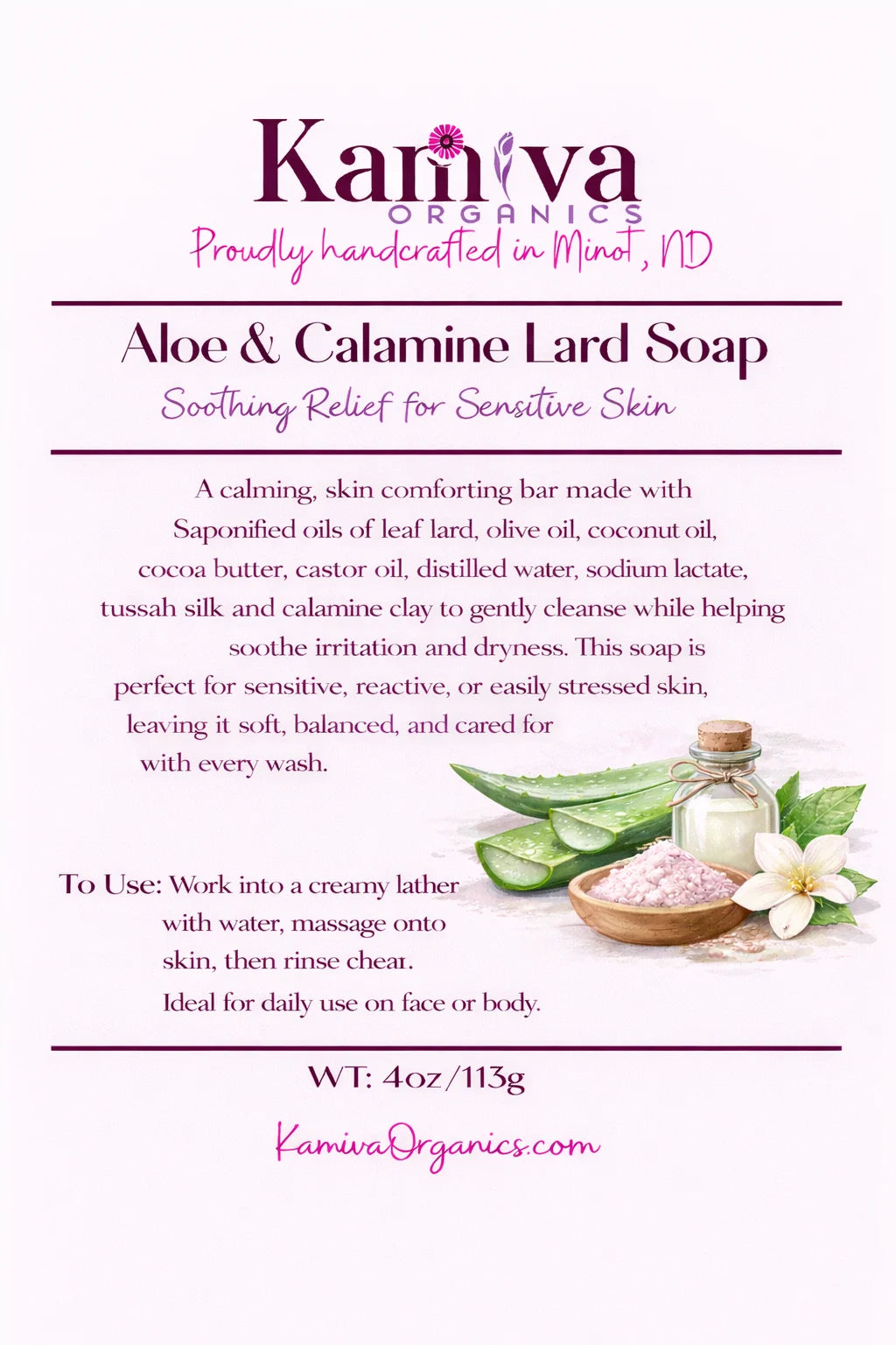 Aloe and Calamine Lard Soap - Soothing Relief for Sensitive Skin | Kamiva Organics